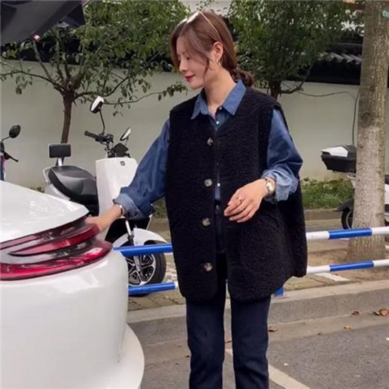 Faux Lambswool Γιλέκο Vintage Αμάνικο Ζακέτα Ανοιξιάτικο Φθινόπωρο Γυναικεία Μπουφάν Y2k Μπλουζάκια Κορεατικά παλτό μόδας Oversized Harajuku