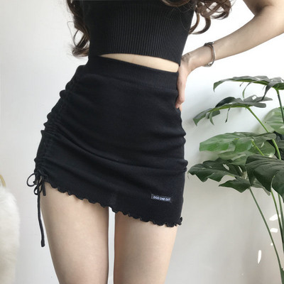 Fusta scurtă tricotată Harajuku Fusta scurtă Harajuku, cu șnur lateral, franceză, cu litere, înveliș, șold, femei, subțire, elastică, talie înaltă