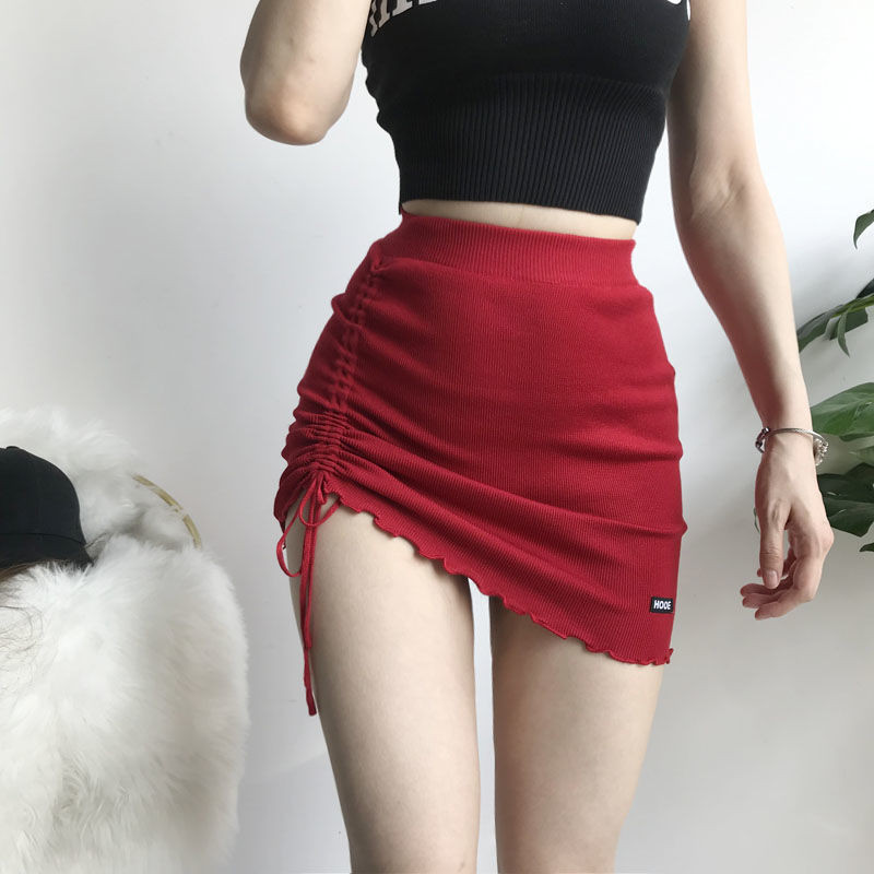 Fusta scurtă tricotată Harajuku Fusta scurtă Harajuku, cu șnur lateral, franceză, cu litere, înveliș, șold, femei, subțire, elastică, talie înaltă