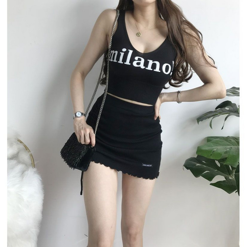 Fusta scurtă tricotată Harajuku Fusta scurtă Harajuku, cu șnur lateral, franceză, cu litere, înveliș, șold, femei, subțire, elastică, talie înaltă