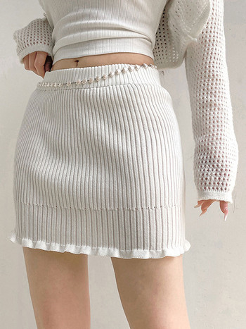 wsevypo Fairy Sweet White Knit Ribred Mini Skirts Women E-Girl 2000s Elastic Band Lettuce Hem Bodycon Skirt Естетични дрехи