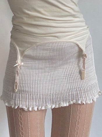 wsevypo Fairy Sweet White Knit Ribred Mini Skirts Women E-Girl 2000s Elastic Band Lettuce Hem Bodycon Skirt Естетични дрехи