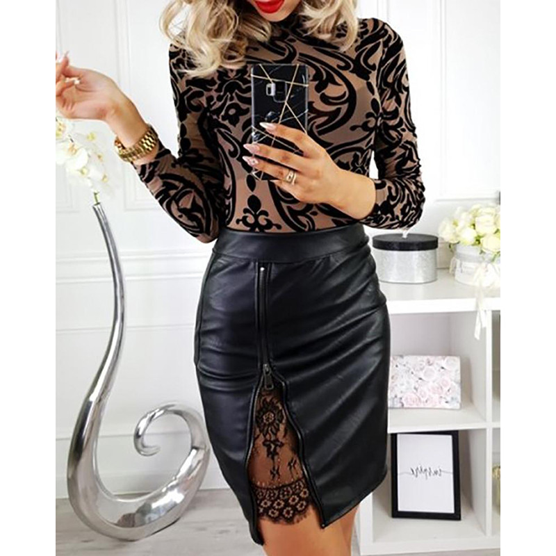 Szexi csipke magas derekú PU bőr szoknya női Bodycon csipke rugalmas vintage női bőr szoknya Jupe feminino fekete