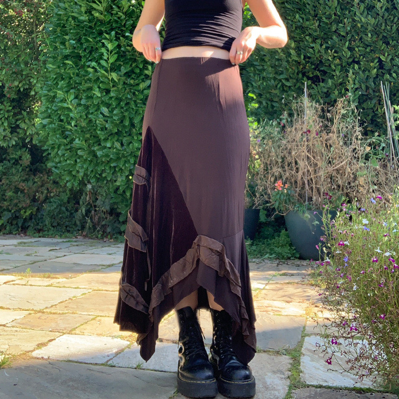 Patchworková sukňa pre ženy, retro áčkové sukne s nepravidelnými volánikmi, 2000. roky, Harajuku estetická sukňa s vysokým pásom, úzka streetwear sukňa