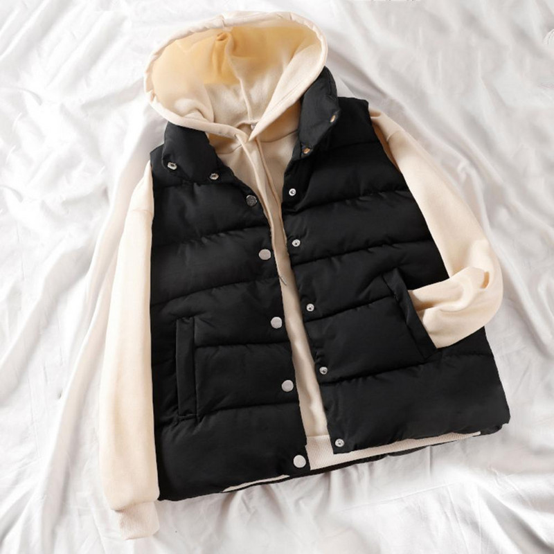 Ženski prsluk, jednobojni, bez rukava, otporan na vjetar, kratki ovratnik sa stojećim ovratnikom, labavi ekstra debeli zimski prsluk za svakodnevno nošenje