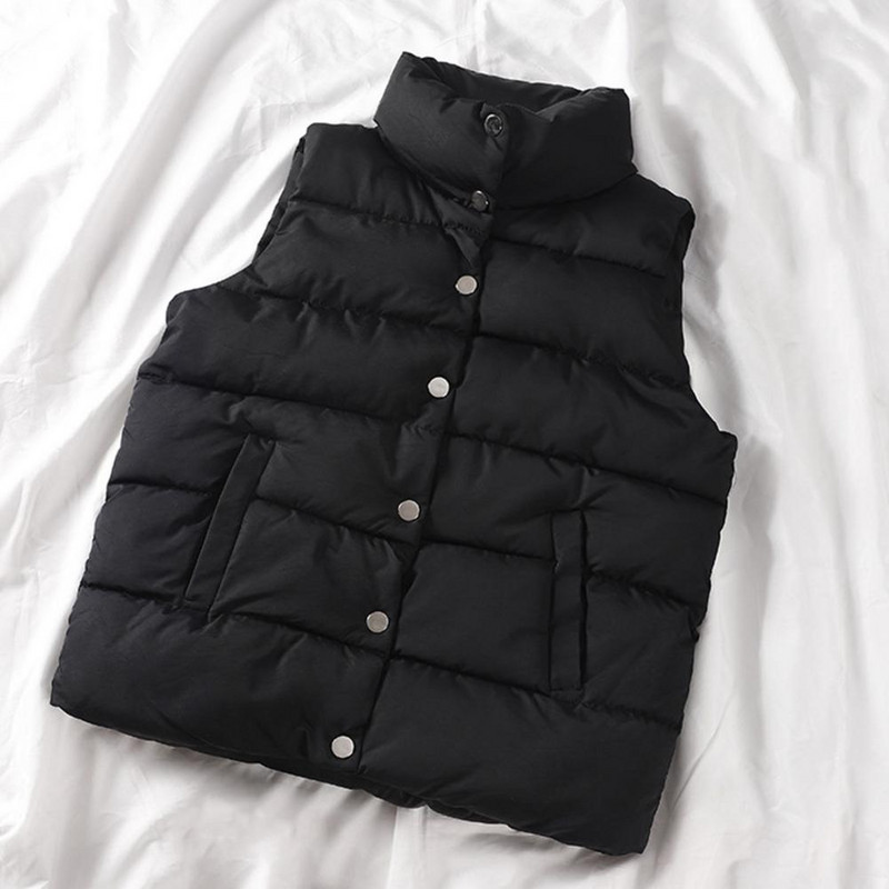 Ženski prsluk, jednobojni, bez rukava, otporan na vjetar, kratki ovratnik sa stojećim ovratnikom, labavi ekstra debeli zimski prsluk za svakodnevno nošenje