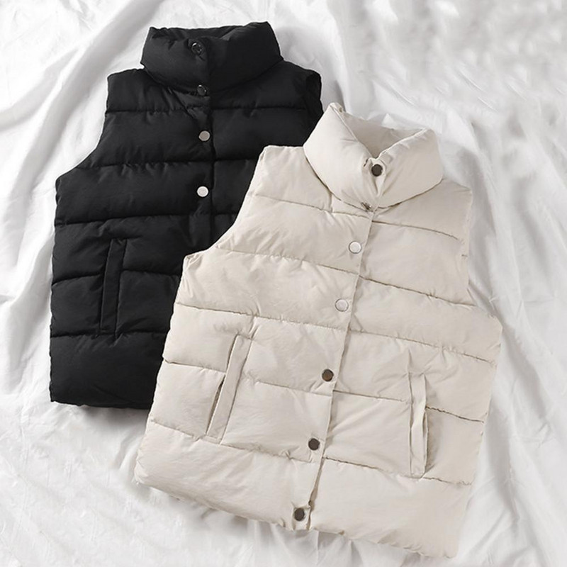 Ženski prsluk, jednobojni, bez rukava, otporan na vjetar, kratki ovratnik sa stojećim ovratnikom, labavi ekstra debeli zimski prsluk za svakodnevno nošenje