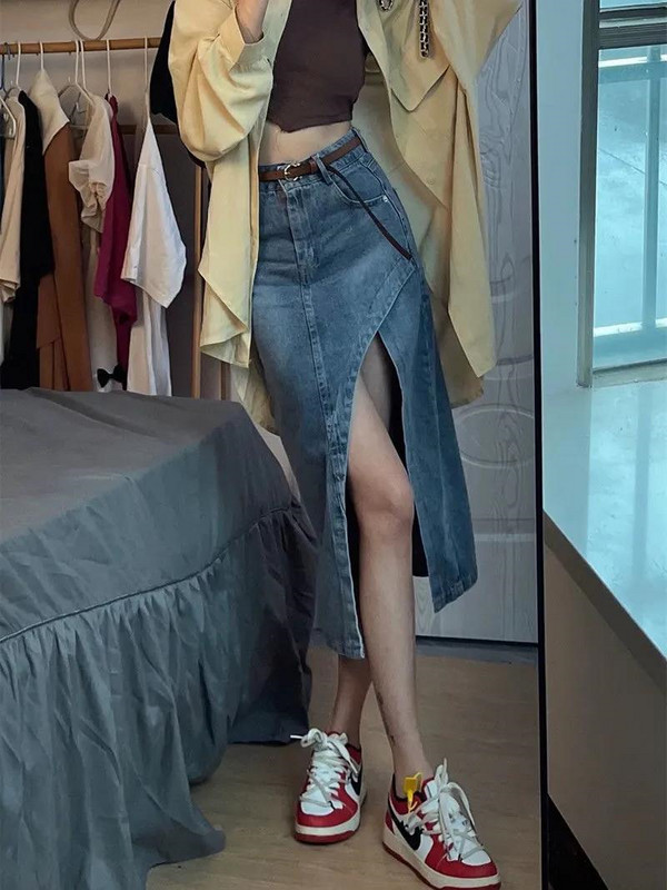 Asimetrične suknje Ženske Midi Chic Ljeto Jesenska Moda Korejska osnovna traper odjeća Visokog struka Falda Aesthetic Streetwear Y2k