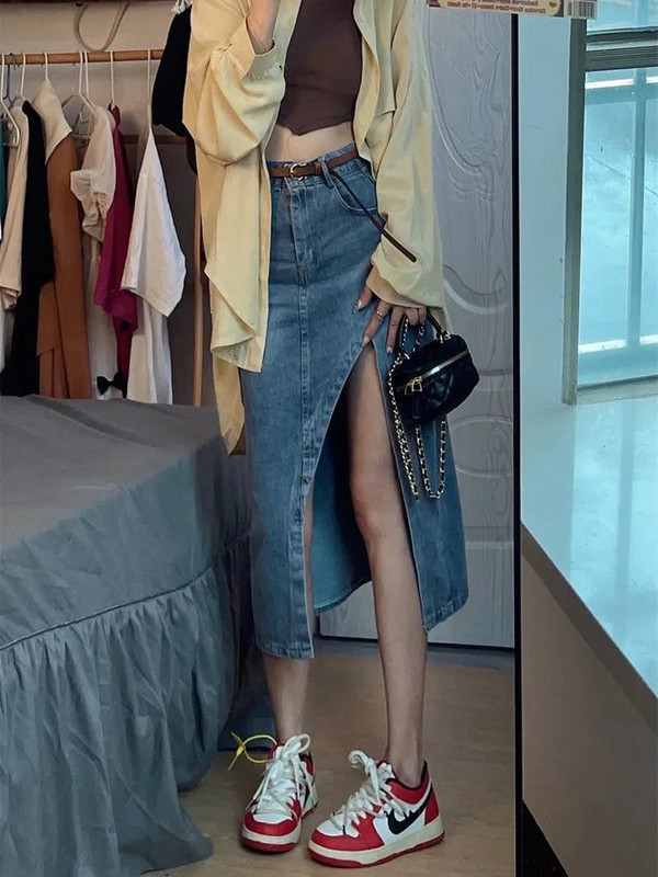 Asimetrične suknje Ženske Midi Chic Ljeto Jesenska Moda Korejska osnovna traper odjeća Visokog struka Falda Aesthetic Streetwear Y2k