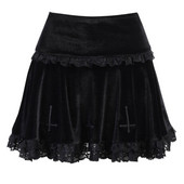 Γυναικεία σκούρα γοτθική βελούδινη μαύρη πλισέ Μίνι φούστα πανκ σταυρό κέντημα δαντέλα Διακοσμητικό συνονθύλευμα Ψηλόμεσο με φουσκωτό ρούχο