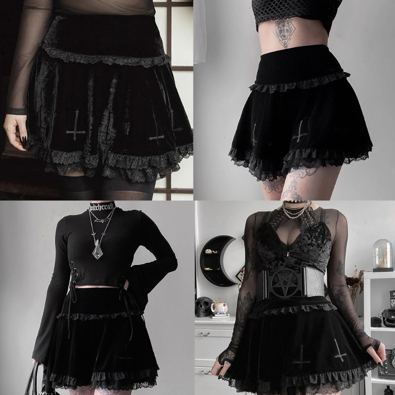 Γυναικεία σκούρα γοτθική βελούδινη μαύρη πλισέ Μίνι φούστα πανκ σταυρό κέντημα δαντέλα Διακοσμητικό συνονθύλευμα Ψηλόμεσο με φουσκωτό ρούχο