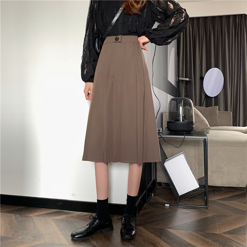 Μακριά φούστα Γυναικεία ρετρό λεπτή ψηλόμεση πλισέ φούστα Γυναικεία φθινοπωρινή Νέα μονόχρωμη μεσαίου μήκους φούστα με όλα τα ταιριαστά χρώματα