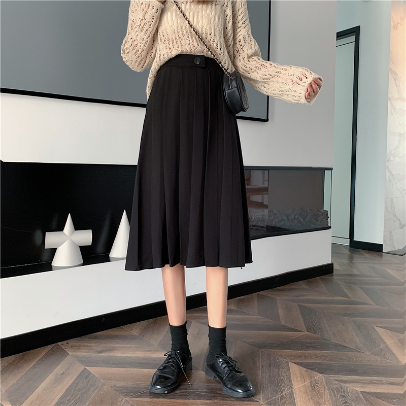 Μακριά φούστα Γυναικεία ρετρό λεπτή ψηλόμεση πλισέ φούστα Γυναικεία φθινοπωρινή Νέα μονόχρωμη μεσαίου μήκους φούστα με όλα τα ταιριαστά χρώματα