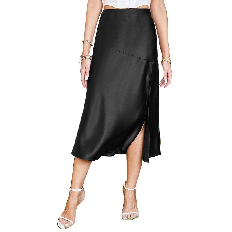 Ženska suknja visokog struka Svilene satenske suknje Ljetne elegantne ženske suknje A-kroja Uredske midi dugačke suknje 2023.