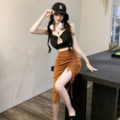 Jumătate fustă plisată cu șnur pentru femei, cu talie înaltă, cu desfășurare, fustă neregulată înfășurată în șold, vară, coreeană, elegantă, casual, pentru femei