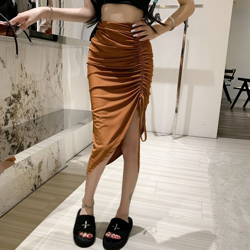 Jumătate fustă plisată cu șnur pentru femei, cu talie înaltă, cu desfășurare, fustă neregulată înfășurată în șold, vară, coreeană, elegantă, casual, pentru femei