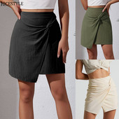 Ženske elegantne mini suknje, elegantna suknja s prednjim čvorom, nepravilna, jednobojna, patentni zatvarač iznad koljena, jednostavna ležerna kratka polusuknja