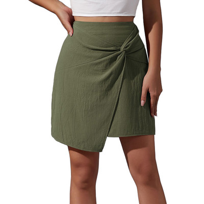 Ženske elegantne mini suknje, elegantna suknja s prednjim čvorom, nepravilna, jednobojna, patentni zatvarač iznad koljena, jednostavna ležerna kratka polusuknja