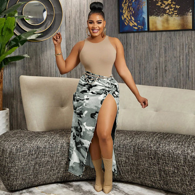 Nové dámske maskáčové potlačené rozparokové sukne, elegantné šaty s vysokým pásom a spodkom Y2K, narodeninové šaty s veľkými vreckami a retiazkovým výstrihom