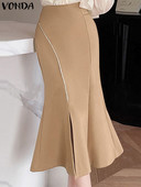 Есенна елегантна пола 2023 VONDA Секси миди поли с висока талия на бедрата, дамска модна едноцветна пола Streetwear Femme