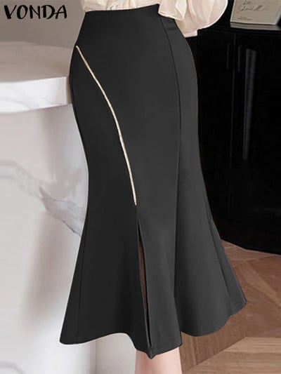Есенна елегантна пола 2023 VONDA Секси миди поли с висока талия на бедрата, дамска модна едноцветна пола Streetwear Femme