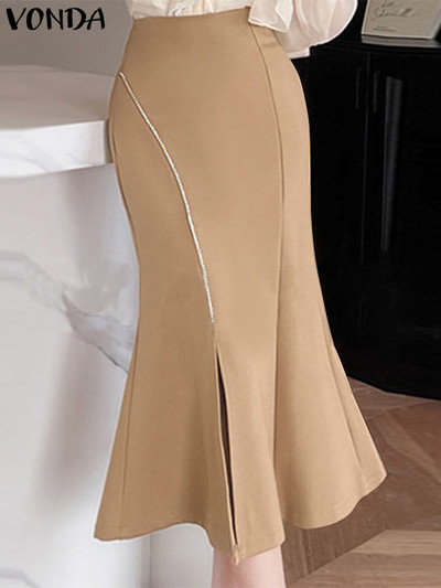 Есенна елегантна пола 2023 VONDA Секси миди поли с висока талия на бедрата, дамска модна едноцветна пола Streetwear Femme