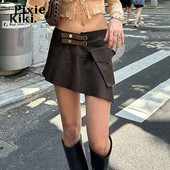 PixieKiki Y2k καφέ συνθετικό δέρμα ακανόνιστες φούστες για γυναίκες Streetwear Μίνι φούστα με χαμηλή μέση Φθινόπωρο 90s Vintage Ρούχα P77-CA20
