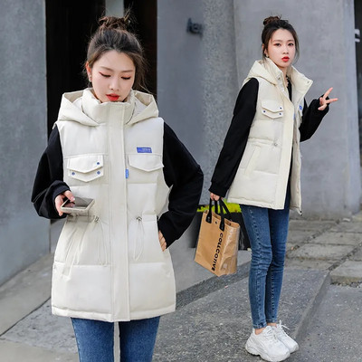 Toamnă Iarnă Femei Vestă plină largi, matlasată, cu glugă, vestă scurtă, jachetă din bumbac, căptușită, 2023, vestă caldă pentru femei