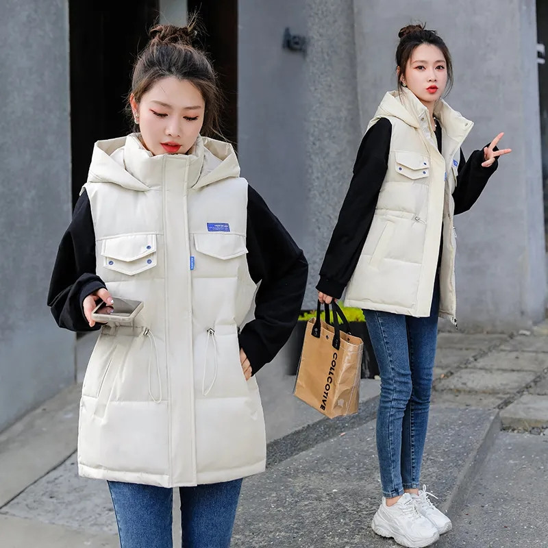 Toamnă Iarnă Femei Vestă plină largi, matlasată, cu glugă, vestă scurtă, jachetă din bumbac, căptușită, 2023, vestă caldă pentru femei
