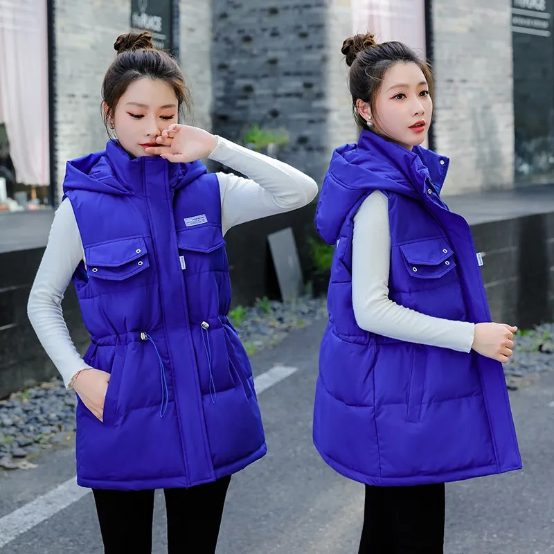 Toamnă Iarnă Femei Vestă plină largi, matlasată, cu glugă, vestă scurtă, jachetă din bumbac, căptușită, 2023, vestă caldă pentru femei
