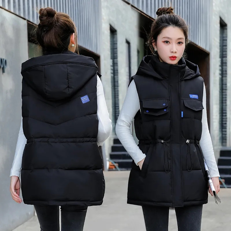 Toamnă Iarnă Femei Vestă plină largi, matlasată, cu glugă, vestă scurtă, jachetă din bumbac, căptușită, 2023, vestă caldă pentru femei