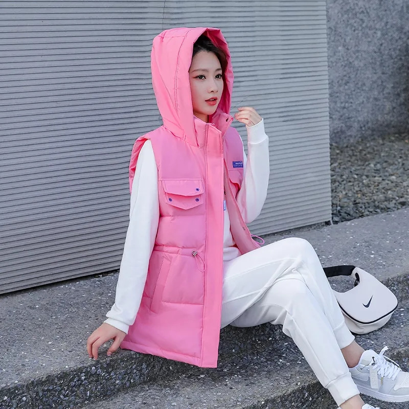 Toamnă Iarnă Femei Vestă plină largi, matlasată, cu glugă, vestă scurtă, jachetă din bumbac, căptușită, 2023, vestă caldă pentru femei