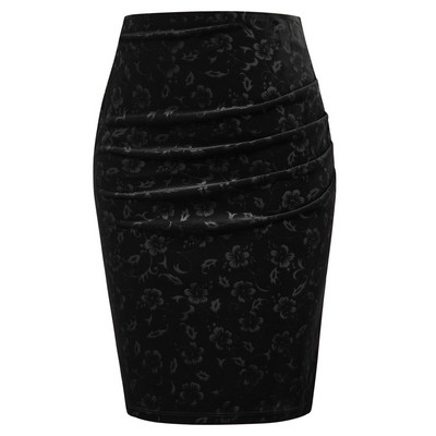 GK Γυναικεία βελούδινη φούστα OL Ψηλόμεση υφή με λουλουδάτο υφή Ruched μέχρι το γόνατο Bodycon φούστα Vintage μόδα Φούστες με τυλιγμένο γοφό