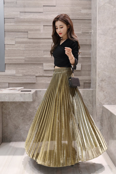 2020 Primăvara/Vara Nou 100 Jumătate de fustă plisată Rochie lungă Talie elastică Mărime mare Talie înaltă Fusta mare leagăn auriu de plajă pentru