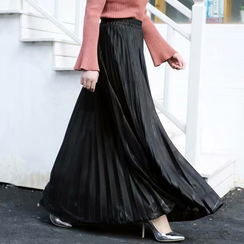 2020 Primăvara/Vara Nou 100 Jumătate de fustă plisată Rochie lungă Talie elastică Mărime mare Talie înaltă Fusta mare leagăn auriu de plajă pentru