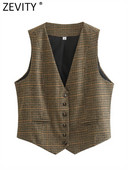 Zevity New Femei Vintage Gât în V Houndstooth Print Breasted Subțire Vestă scurtă Jachetă Damă fără mâneci Gilet casual Tops CT3053