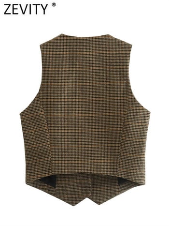 Zevity New Women Vintage V Deck Houndstooth Print Breasted Slim Short Jest Jacket Ladies Sleeveless Casual WaistCoat Tops CT3053