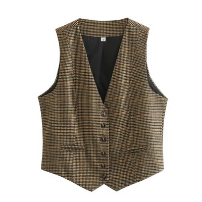Zevity New Femei Vintage Gât în V Houndstooth Print Breasted Subțire Vestă scurtă Jachetă Damă fără mâneci Gilet casual Tops CT3053