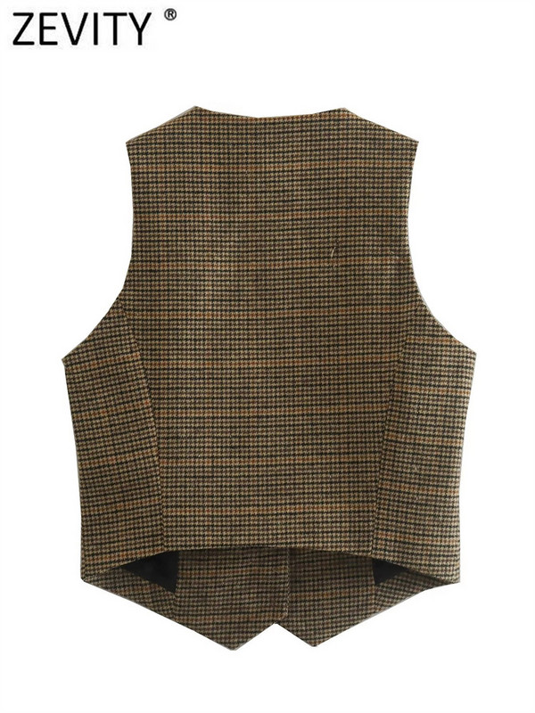 Zevity New Femei Vintage Gât în V Houndstooth Print Breasted Subțire Vestă scurtă Jachetă Damă fără mâneci Gilet casual Tops CT3053