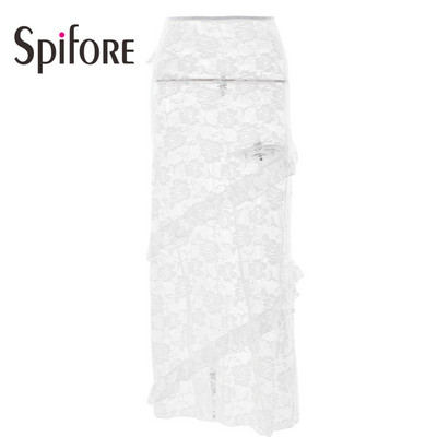 Spifore Seksi prozirne maksi suknje od čipke Ženske modne suknje s volanima Uski donji dio Elegantna jednobojna ležerna odjeća za odmor