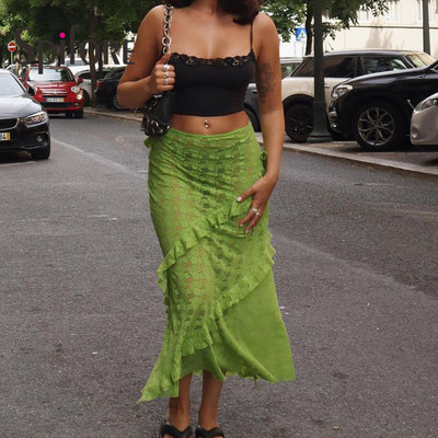 Spifore Seksi prozirne maksi suknje od čipke Ženske modne suknje s volanima Uski donji dio Elegantna jednobojna ležerna odjeća za odmor