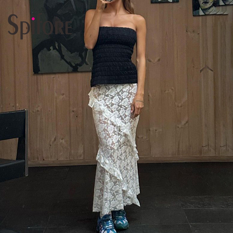 Spifore Seksi prozirne maksi suknje od čipke Ženske modne suknje s volanima Uski donji dio Elegantna jednobojna ležerna odjeća za odmor
