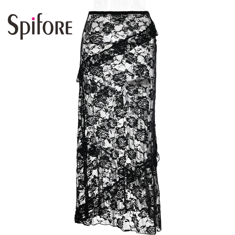 Spifore Seksi prozirne maksi suknje od čipke Ženske modne suknje s volanima Uski donji dio Elegantna jednobojna ležerna odjeća za odmor