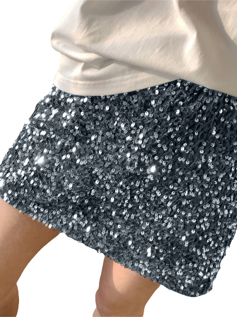Fusta cu paiete strălucitoare pentru femei Fusta mini casual de vară elastică pentru plaje Club Streetwear