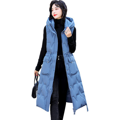 Nova jakna bez rukava Ženska ležerna dugačka pamučna vesta Jesen Zima Topli prsluk Modni kaput s kapuljačom otporan na vjetar