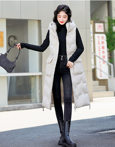 Nova jakna bez rukava Ženska ležerna dugačka pamučna vesta Jesen Zima Topli prsluk Modni kaput s kapuljačom otporan na vjetar