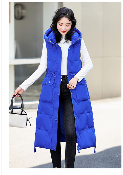 Nova jakna bez rukava Ženska ležerna dugačka pamučna vesta Jesen Zima Topli prsluk Modni kaput s kapuljačom otporan na vjetar