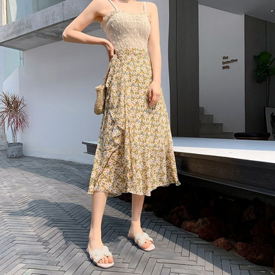 Jednodijelna kravata u obliku male tratinčice sa suknjom od šifona, ženska ljetna ljetna suknja visokog struka, tanki rub lotosovog lišća, srednje duljine, isjeckana vilinska suknja