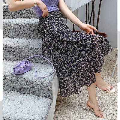 Jednodijelna kravata u obliku male tratinčice sa suknjom od šifona, ženska ljetna ljetna suknja visokog struka, tanki rub lotosovog lišća, srednje duljine, isjeckana vilinska suknja