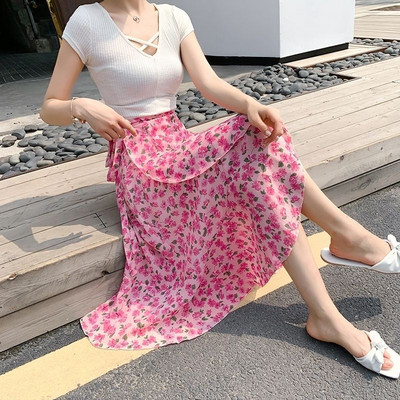 Jednodijelna kravata u obliku male tratinčice sa suknjom od šifona, ženska ljetna ljetna suknja visokog struka, tanki rub lotosovog lišća, srednje duljine, isjeckana vilinska suknja